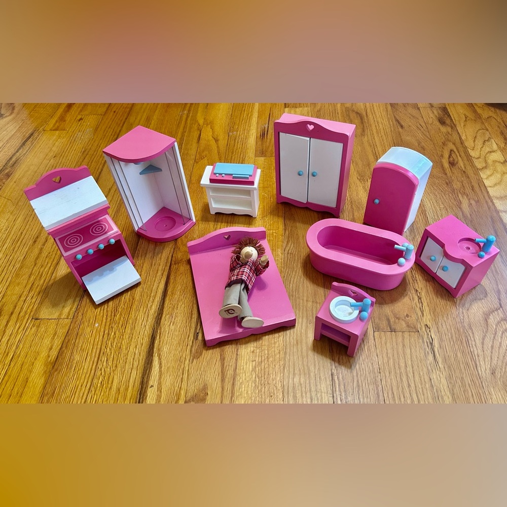Vintage Wooden Pink and White Dollhouse Furniture Setup
